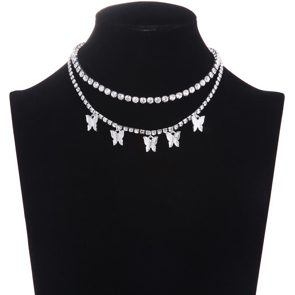 Rhinestone Butterfly necklace set charms crystal choker necklace for women Tennis Chain Trendy Luxury jewelry