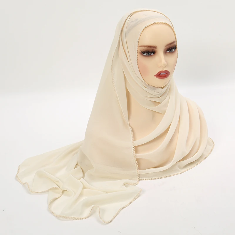 Premium Chiffon Hijab Sjaal Voor Vrouwen Tulband Sluier Kant Stiksel Sjaals Moslim Hijaabs Effen Kleur Vrouw Hoofddoek Sjaal Ramadan