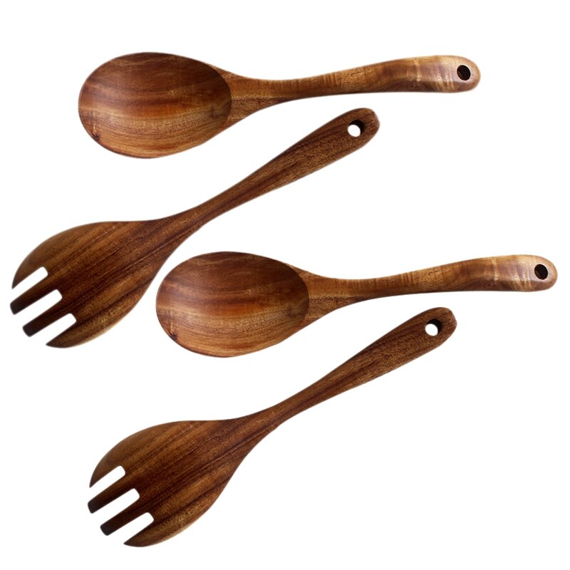 Servidores de ensalada de madera Juego de 4 cubiertos cuchara tenedor cuchara de ensalada de madera, tenedor agitador: Default Title