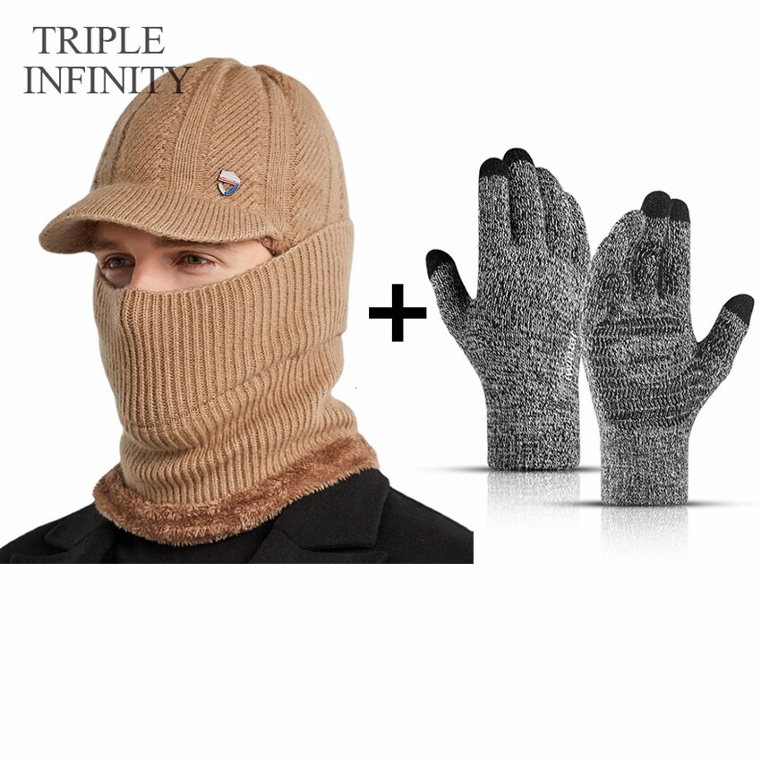 TRIPLE INFINITY Winter Men Knitted Hat Thick Windproof Dust-proof Sun Visor Hats Outdoor Cycling Warm Bonnet Male Baseball Cap: Winter Warm Set D