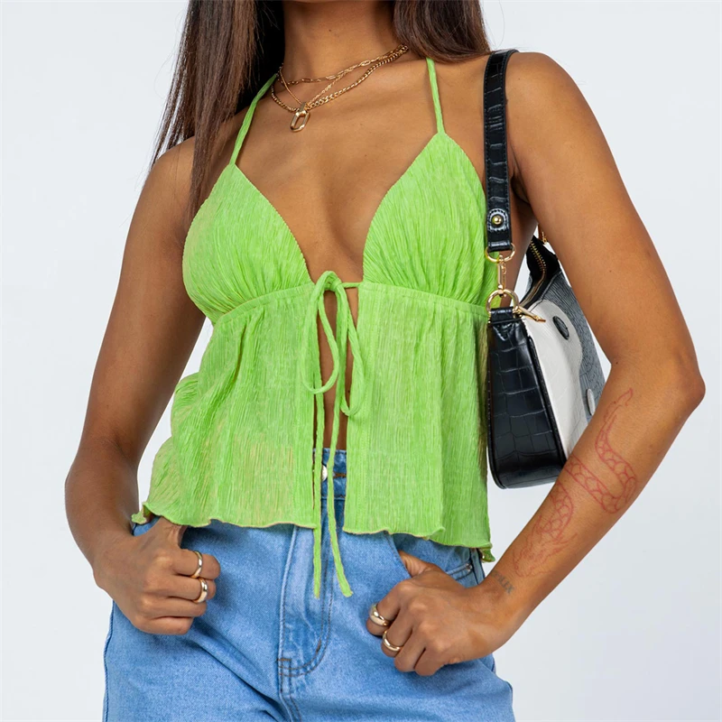 Kvinnor  y2k framknytade crop tops halterneck böljande plisserad sommartopp för utekvällar sexig slitsad ärmlös cami-tröja streetwear: M / Grön
