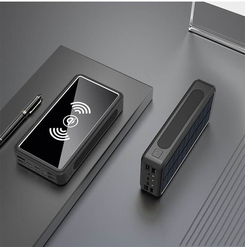 50000 mah zonne-energie powerbank, zonnelader, qi draadloos opladen, usb type c externe batterij, powerbank voor iphone, xiaomi powerbank: Zwart