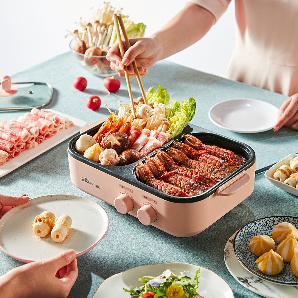 Horno eléctrico 2 en 1 para máquina de barbacoa, olla de cocina eléctrica, olla a la parrilla, decocción de doble uso, Multicooker, sartén para barbacoa de 220V