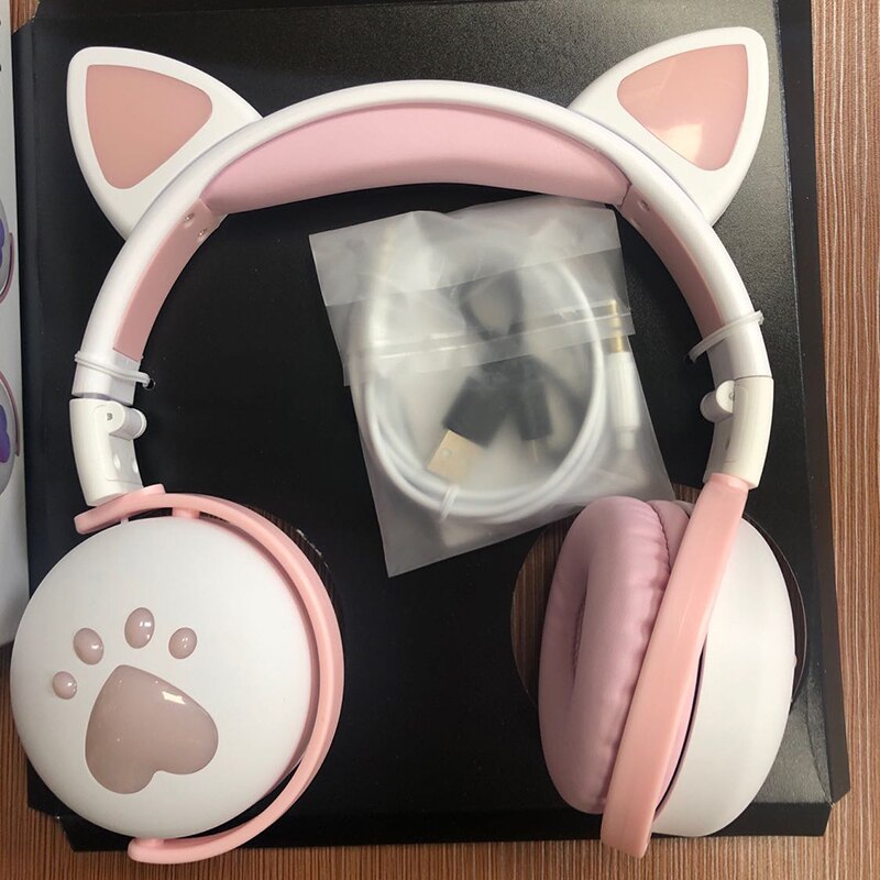 7.1 Stereo Cute Cat Bluetooth Wireless Headphone With Microphone Flashing light Noise Cancel Earphone Music Helmet Girl Kid: white pink