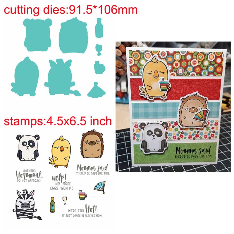 Set van 2 schattige kleine dieren (panda, kuiken, egel en zebra) met grappige sentimenten, stempel en stans voor doe-het-zelf scrapbooking: Ww0878 a 1 h 5614