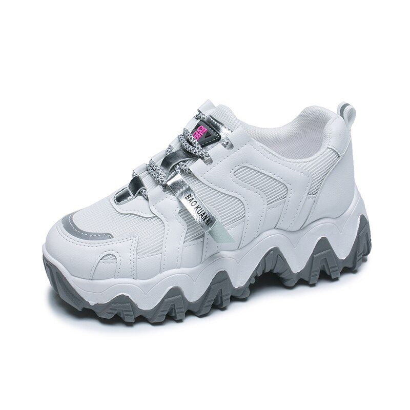 Goedkope hardloopschoenen voor dames, dames hardloopschoenen zomer mesh ademend platform golvende zool verhoogde dad sneakers: Wit / 4