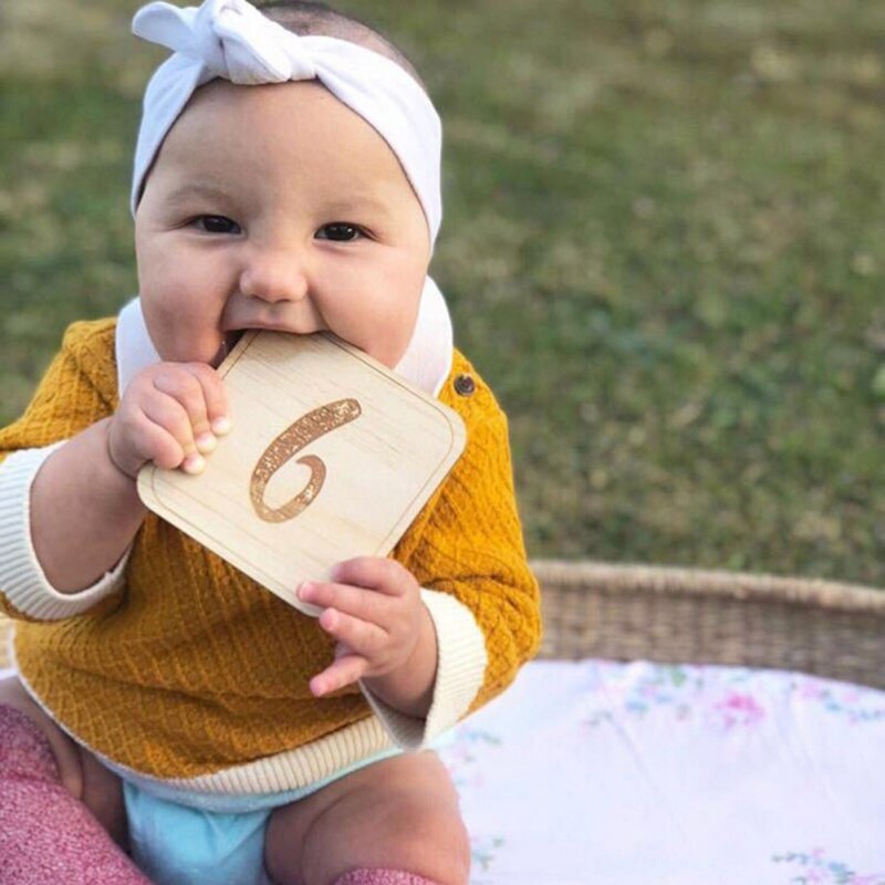 Household Baby Monthly Milestone Wooden Cards Baby Photography Props Home Milestone Card(Leaf Pattern,English Twelve)