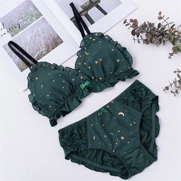 Japanese Womens Sweet Star Print No rims Bra & Briefs Sets Lolita Bowknot Ruffle Underwear Sets Breathable Teen Girls Bra Sets: Dark Green / M