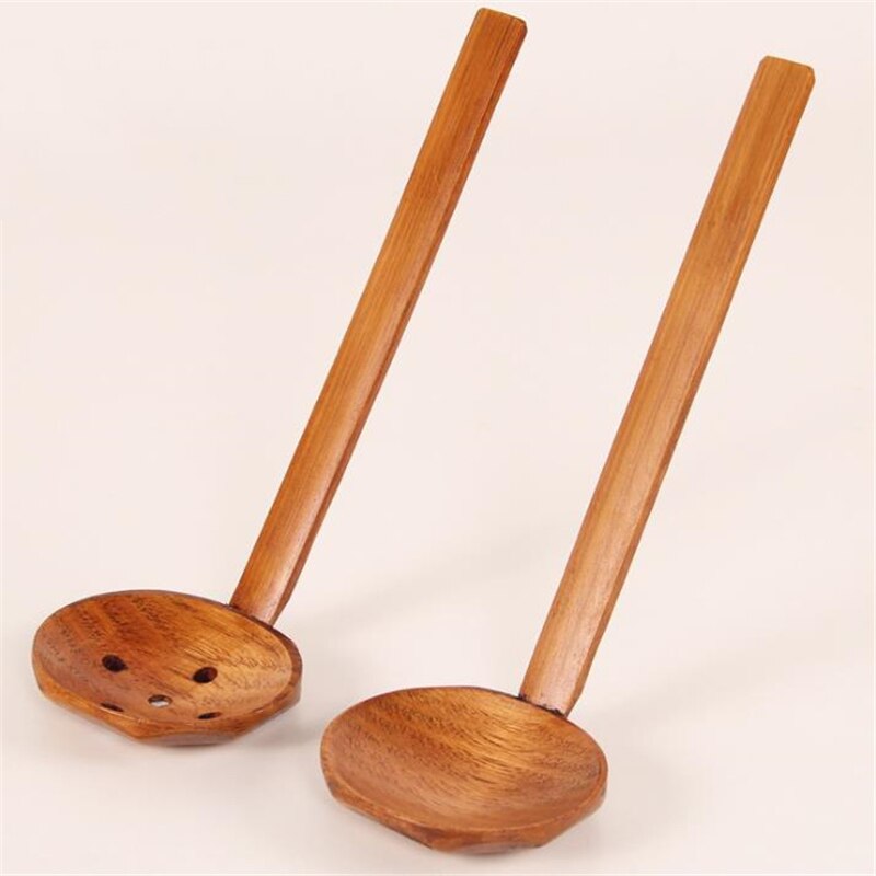 1Pc Lange Steel Houten Lepel Ramen Pot Vergiet Gebruiksvoorwerpen Ramen Soep Lepels Servies Keukengereedschap Tool Japanse Stijl