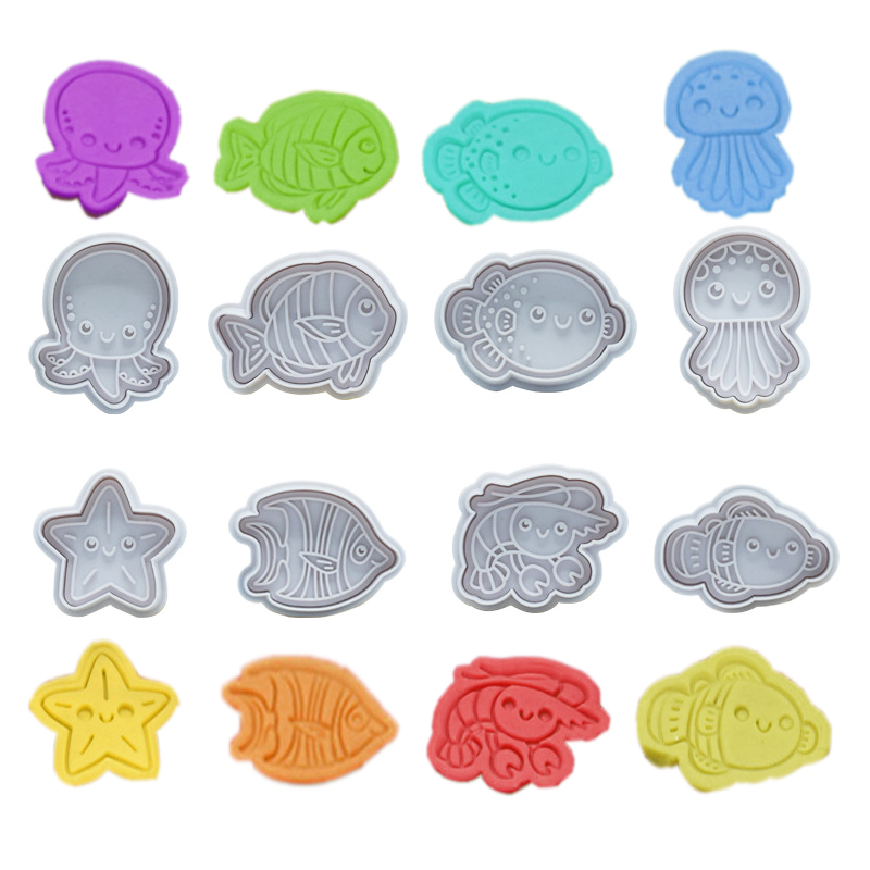 Molde para galletas de la serie de animales marinos, platillo de medusas del océano, cortador de galletas de émbolo DIY, juego de hornear, molde para glaseado de pasteles Fondant, 4 piezas