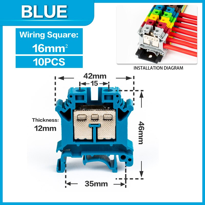 10 Stuks Din Rail Terminal Blok UK-16N Connductor Universele Klasse Schroef Draad Connector Strips Demonteren Montage: Blue-10PCS