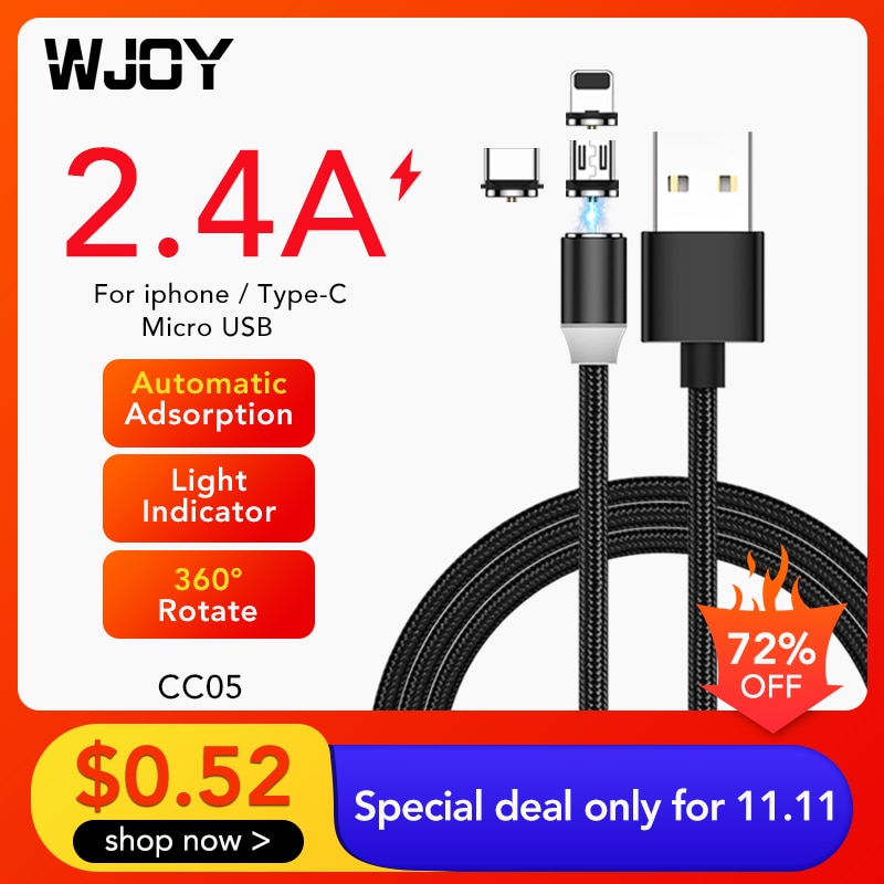 WJOY-Cable magnético de carga rápida, Cable USB tipo C, cargador magnético, Cable Micro USB, Cable de teléfono móvil, USB, rotación 360