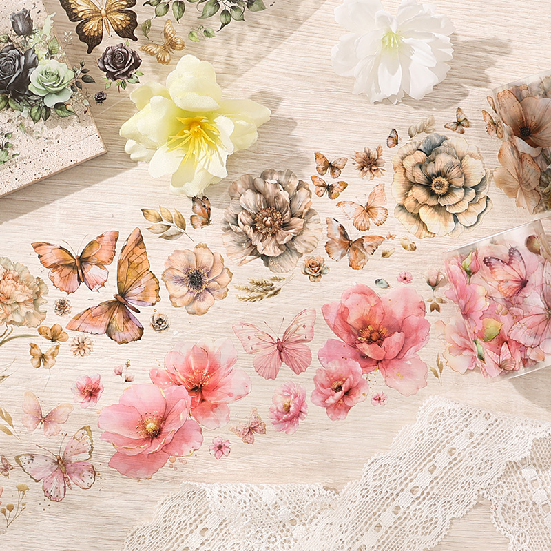 Cinta adhesiva decorativa para álbum de recortes, 50mm x 2m, cintas de mariposa y flor para mascotas, cintas adhesivas, suministros de papelería estética