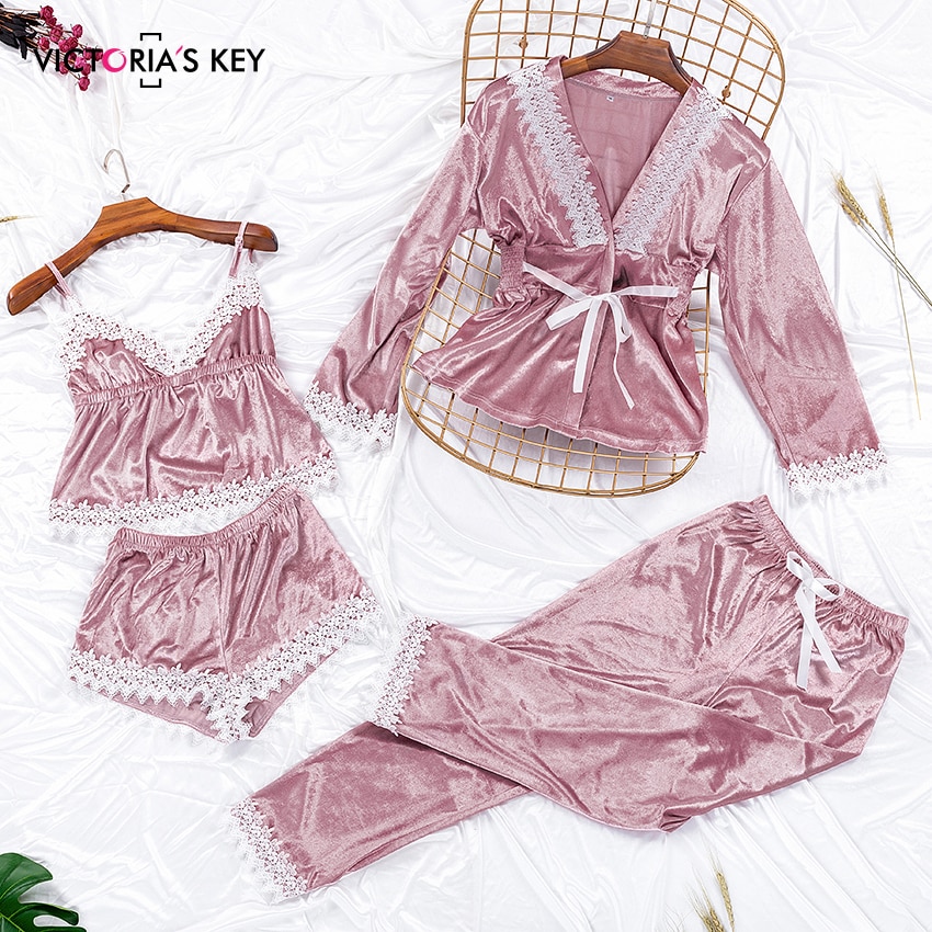 Túnica para mujer de terciopelo rosa clave de VICTORIA'S y conjuntos de vestidos de encaje Albornoz Cami y pantalones 4 piezas ropa de dormir Conjunto de pijama ropa de dormir femenina