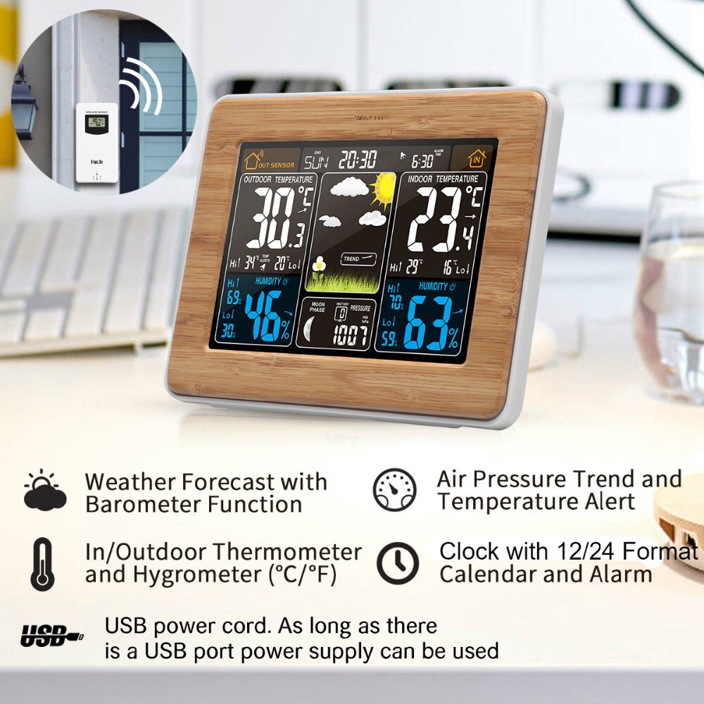 Lcd digital trådlös hem väderstation väckarklocka elektronisk termometer hygrometer sensor barometer dekoration