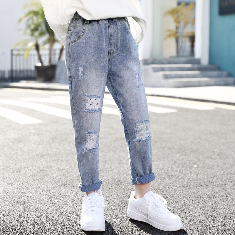 2021 primavera nuovi Jeans tinta unita per bambini ragazza stile coreano stile estero buco moda All-match pantaloni Casual per bambini KJ14