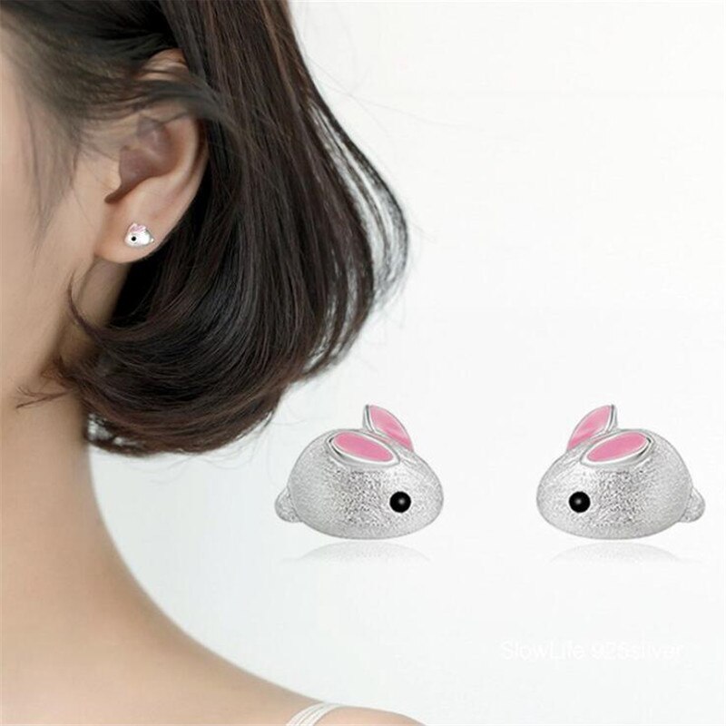 Uini-tail-pendientes de plata de ley 925 con conejo blanco y rosa, joyería fina