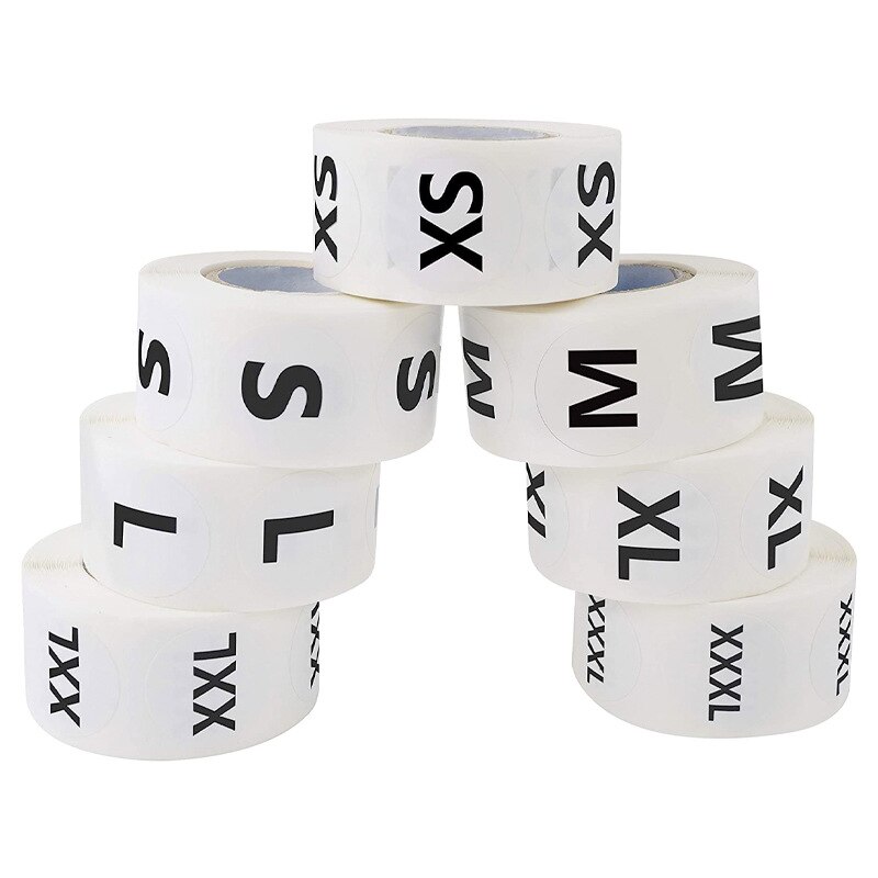 500 Pcs 1 Inch Kleding Maat Ronde Stickers Labels Wit Zelfklevende Stickers Met Zwarte Tekst 7 Kleding Maten, T Shirts Retail
