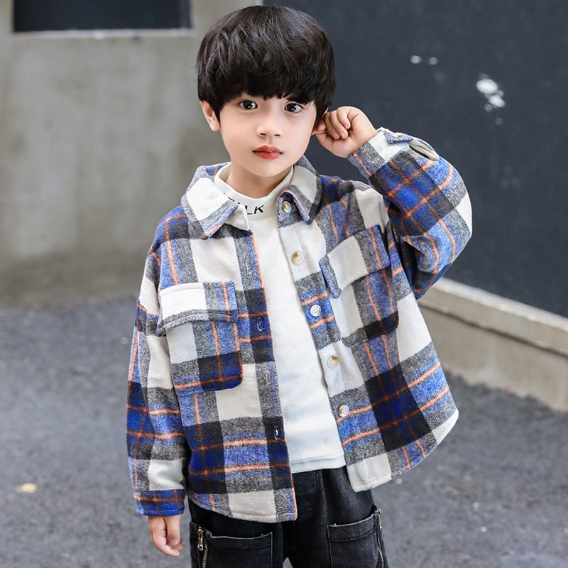 Chemise en coton pour enfants, nouvelle automne et hiver pour garçons adolescents chemises à carreaux vestes enfants décontracté école vêtements coréens: Bleu / 11