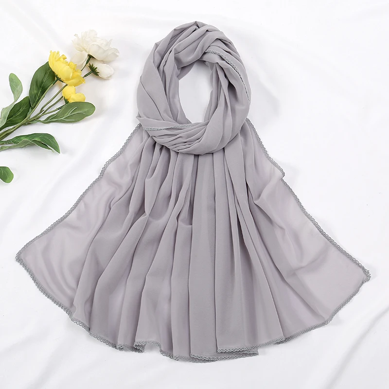 Premium Chiffon Hijab Sjaal Voor Vrouwen Tulband Sluier Kant Stiksel Sjaals Moslim Hijaabs Effen Kleur Vrouw Hoofddoek Sjaal Ramadan: Dark gember