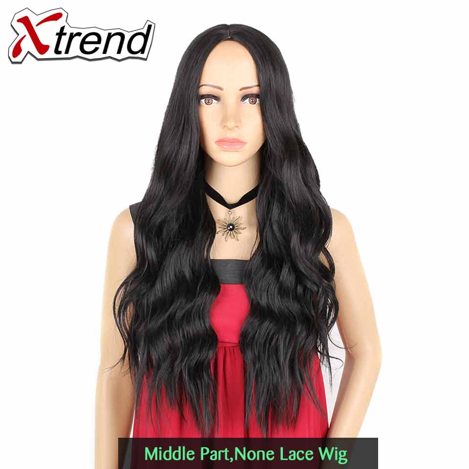 Xtrend syntetisk blonde front paryk lang pink kobber rød lilla orange ombre grå blond hvid parykker til kvinder bølge hår kvinde: Naturlig sort