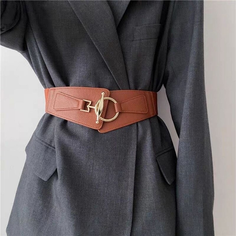 Cinturones anchos para mujer, corsé de cuero PU para adelgazar la cintura, cinturones de cuerpo, cintura elástica ajustable, faja para vestido: brown belt