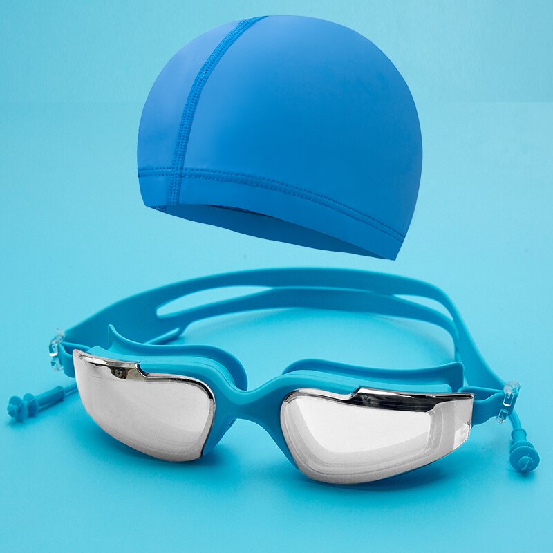 Galvaniseren Uv Anti-Fog Badpak Bril Zwemmen Duiken Verstelbare Zwembril Dames Mannen Zwemmen Goggle Ear Plug: Sky Blue-Set