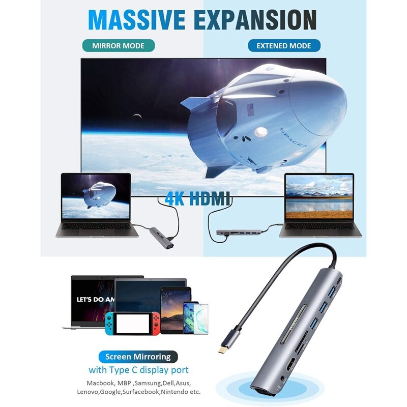 Adaptateur multiport usb c hub 9 in en 1 avec alimentation pd ,  , 4k sorties hdmi, , 3 ports usb 3.0 , lecteur de carte, vga, port o