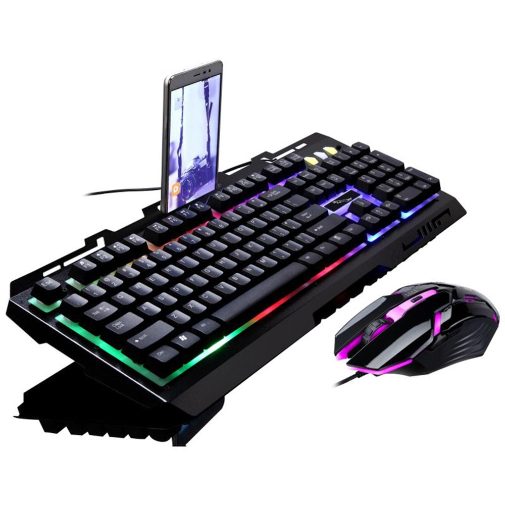 Trådbunden rgb led tangentbord mus set ergonomisk utbytbar laptop bakgrundsbelysning kit mekaniskt lysande spel: Svart