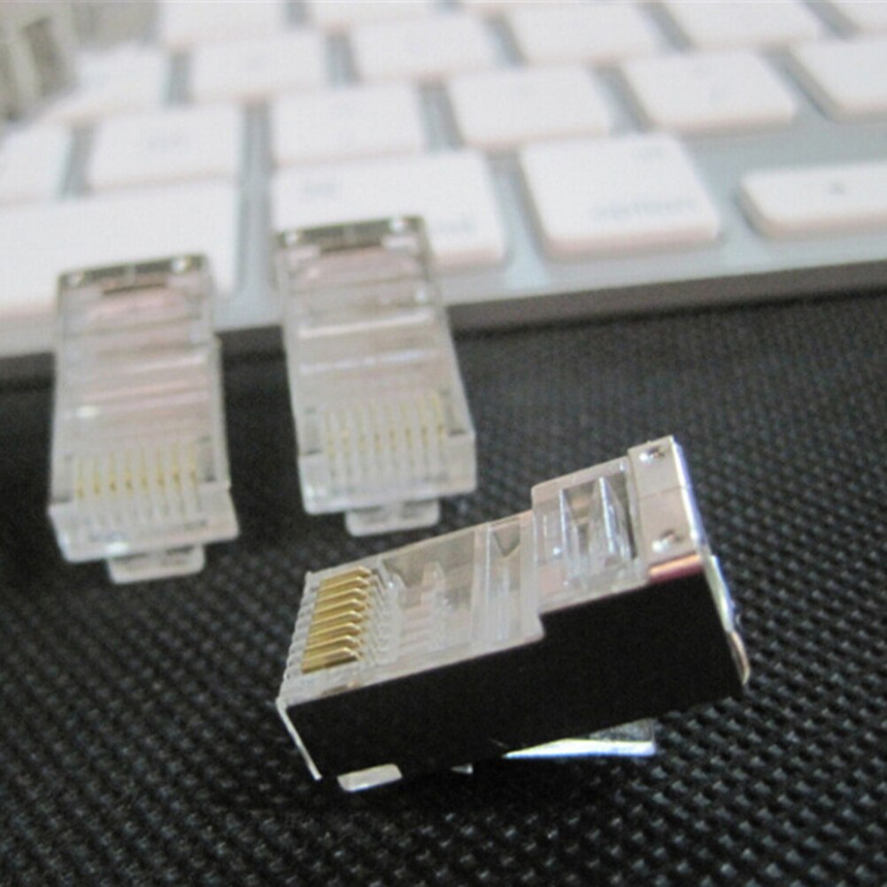 50Pcs RJ45 Cat6 8Pin 8P8C Shielded Stranded Crimp Modular Plug Connector Socket Iron Metal Shell Crystal Head