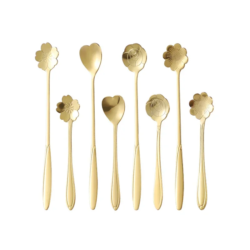 Cucharas largas de acero inoxidable para postre, cuchara de flores de 4 piezas, mango largo dorado, cuchara mezcladora para café y pastel, accesorios de cocina: Plata