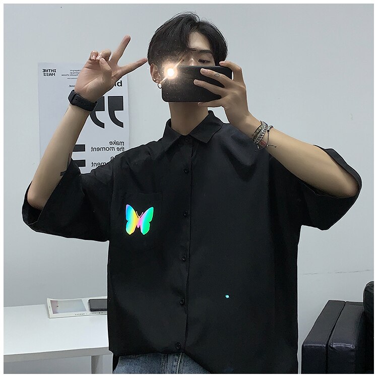 Chemises homme privathink réfléchissantes à motif papillon, style coréen, manches mi-longues, style harajuku, style hip-hop, décontractées: Noir (taille asiatique) / M