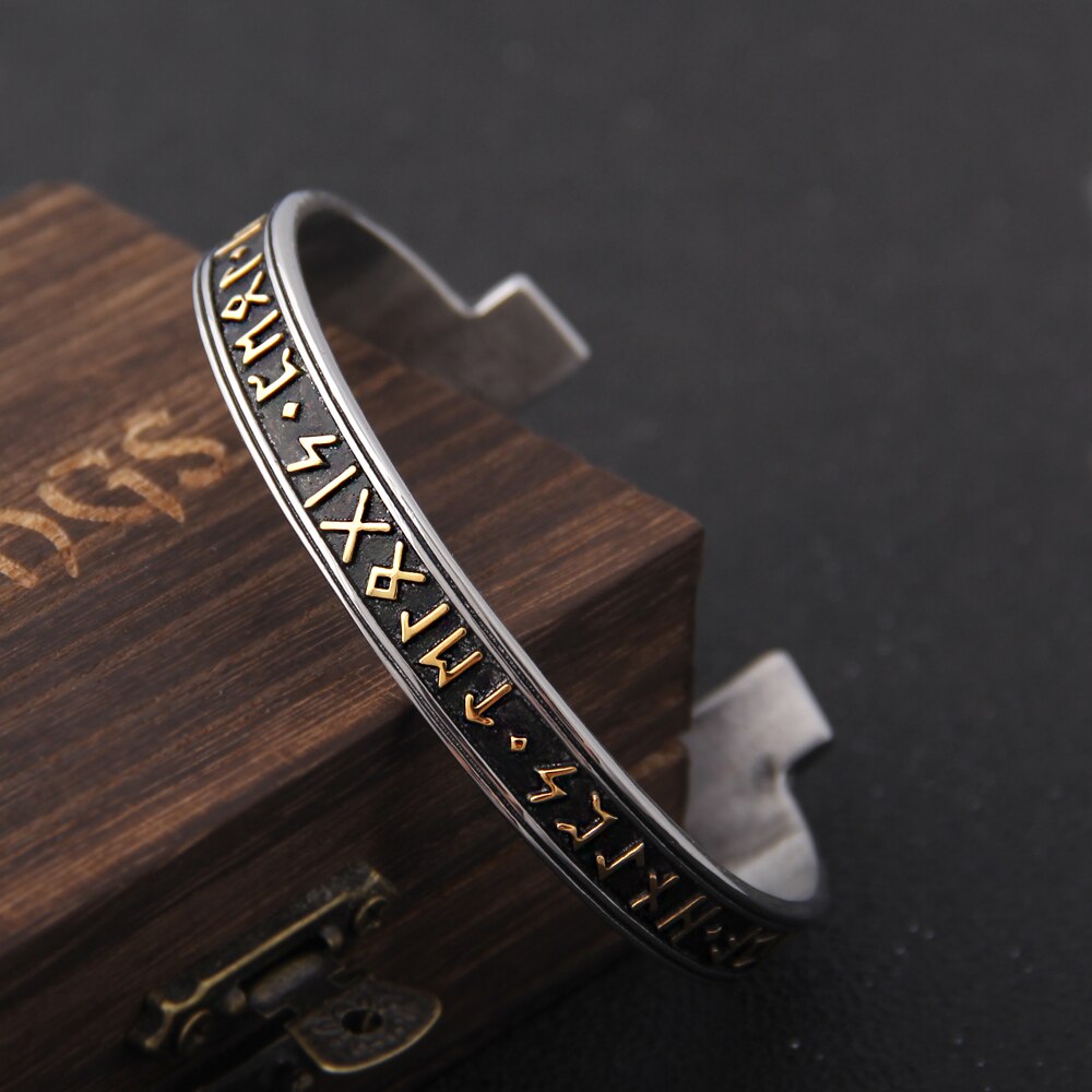 1pc Stainless Steel Men&#39;s Handmade Nordic Rune Bangle Viking Never Fade with wooden box as: Mix Gold color