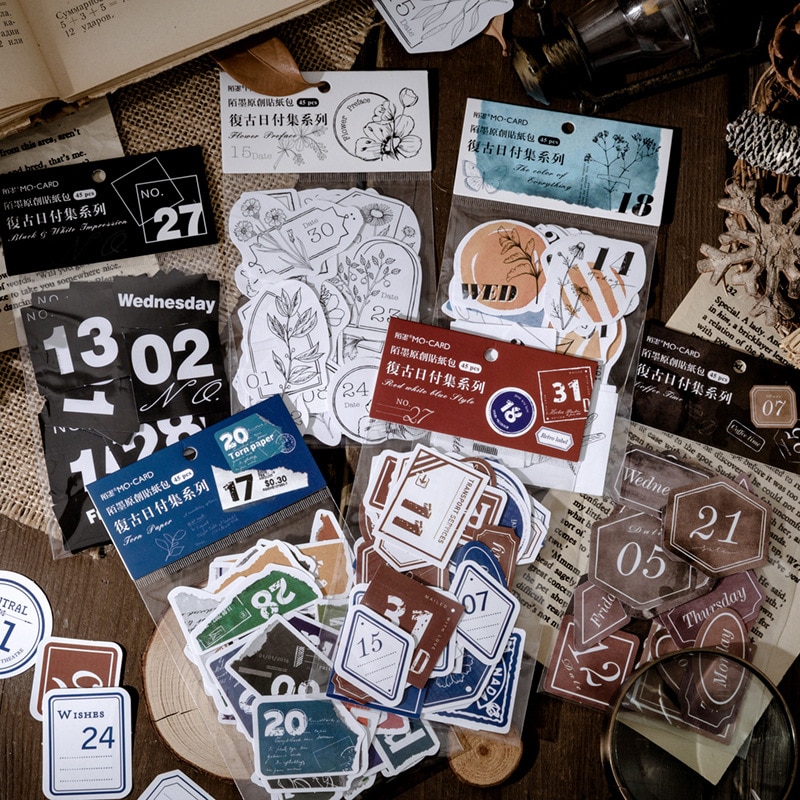 Journamm 45pcs Vintage Date Sticker Flakes Scrapbooking Bullet Journal Paper Craft Stationery Sheets Label Stickers