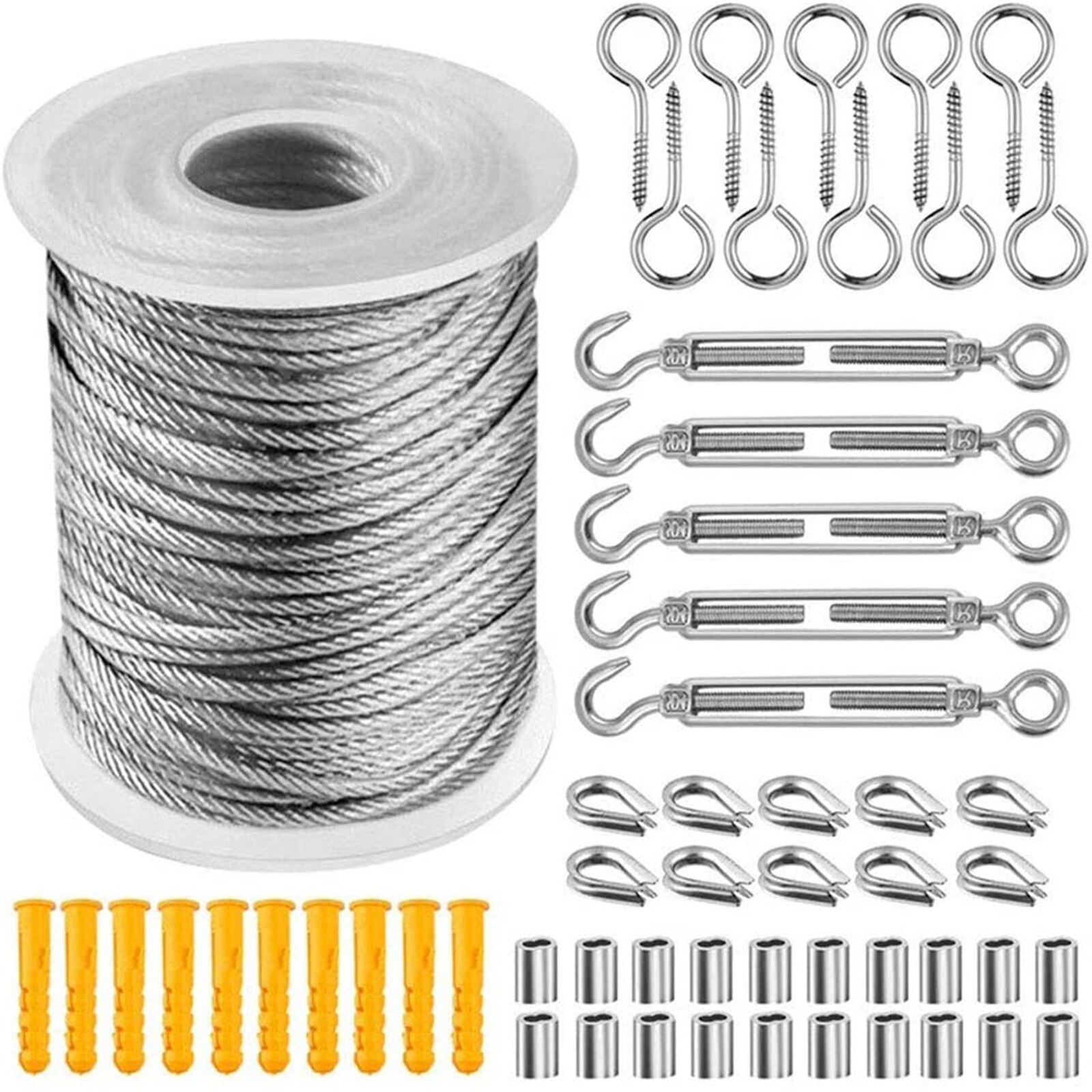 Câble flexible en Acier enduit pour Corde à Linge, accessoire souple, Bobine de 30 m en inox et recouverte de PVC Transparent, Diamètre 2 mm, en Kit, Set de 57 Pièces