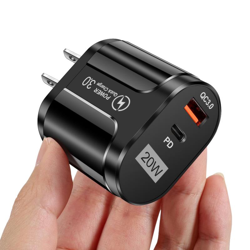 Fast Charging 20W PD Charger QC3.0 for iPhone Android Mobile Phone USB Charger USB-A+Type-c Dual Ports Phone Charger PD Charger: Black US