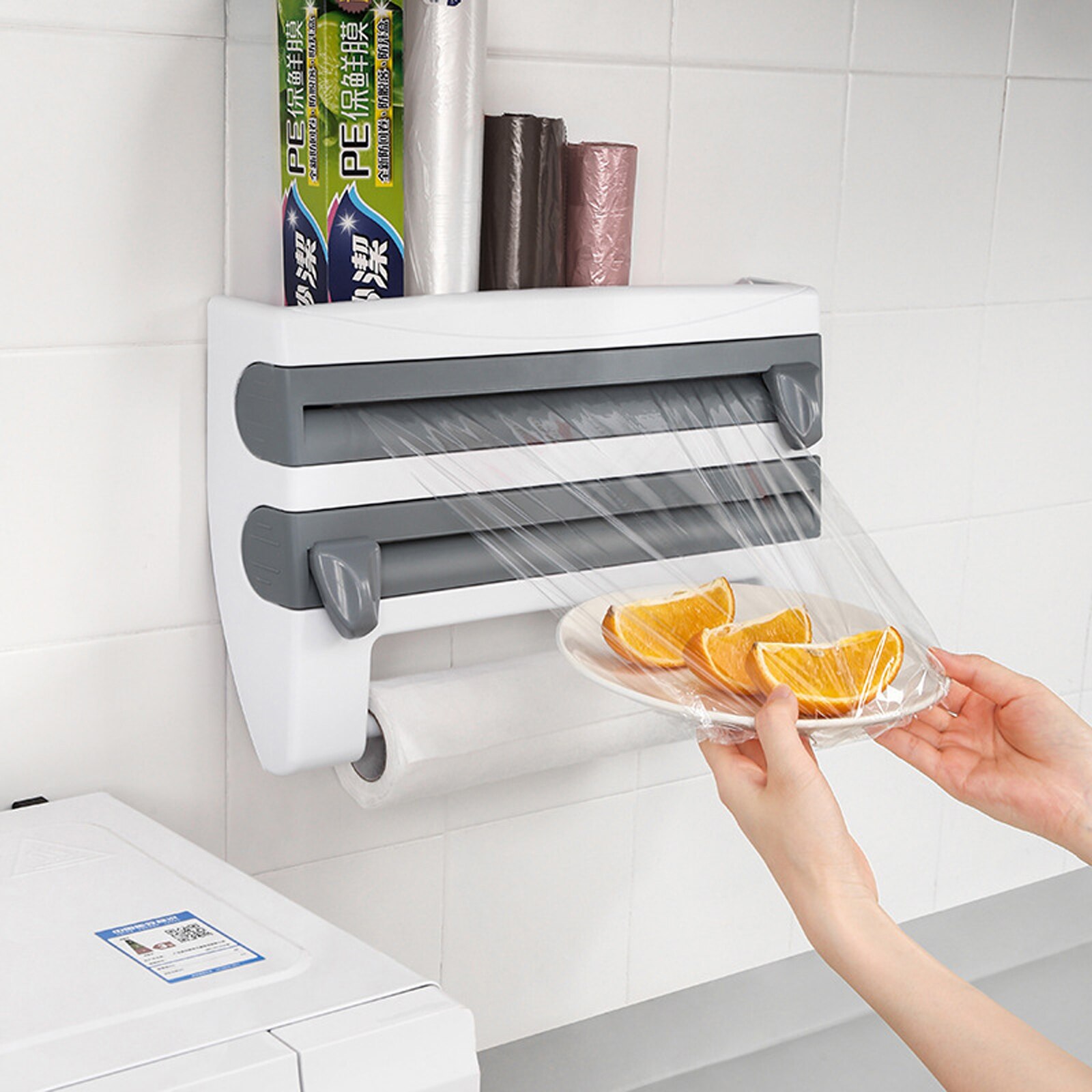 3-In-1 Kitchen Wrap Dispenser Multifunctional Wall-Mounted Plastic Foil Dispenser with Slide Cutter White/Khaki/Gray