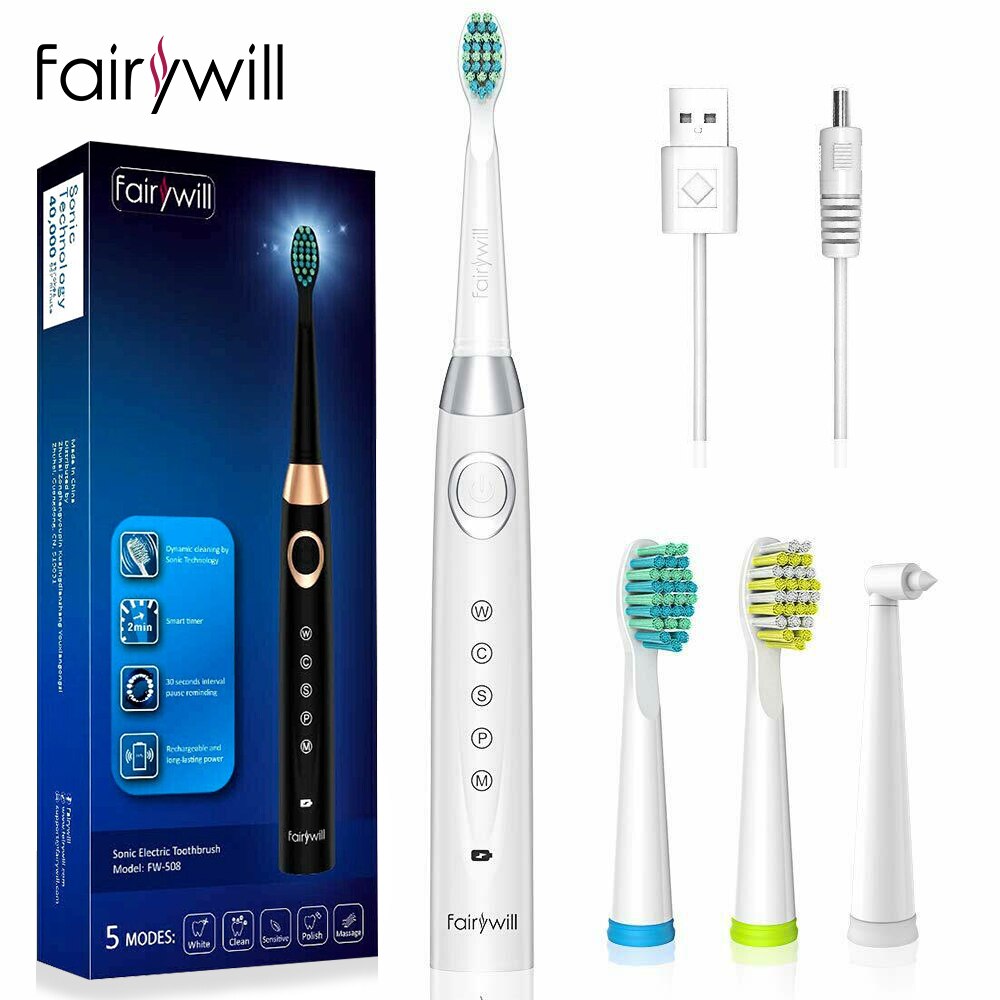 Fairywill FW-508 Sonic Electric Toothbrush Rechargeable Timer Brush 5 Modes Fast Charge Tooth Brush 8 Brush Heads for Adults: FW-ET508White-5M