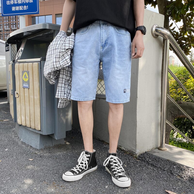 Pantalones cortos de mezclilla regulares, pantalones cortos de verano informales con cremallera a media cintura para hombres, pantalones cortos de mezclilla sólidos, ropa masculina