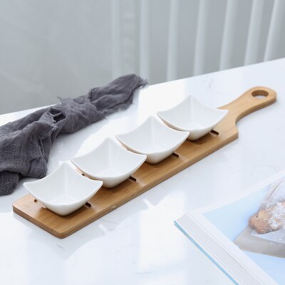 Bandeja de cerámica de estilo japonés para fruta, vajilla creativa de bambú Natural para aperitivos, frutos secos, postres y salsa: A