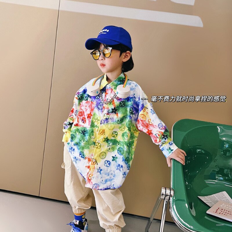 Jungen Regenbogen kontrast hemd 2022 frühling und herbst neue stil gebraten straße freundlicher langen ärmeln Revers Koreanische Shirt