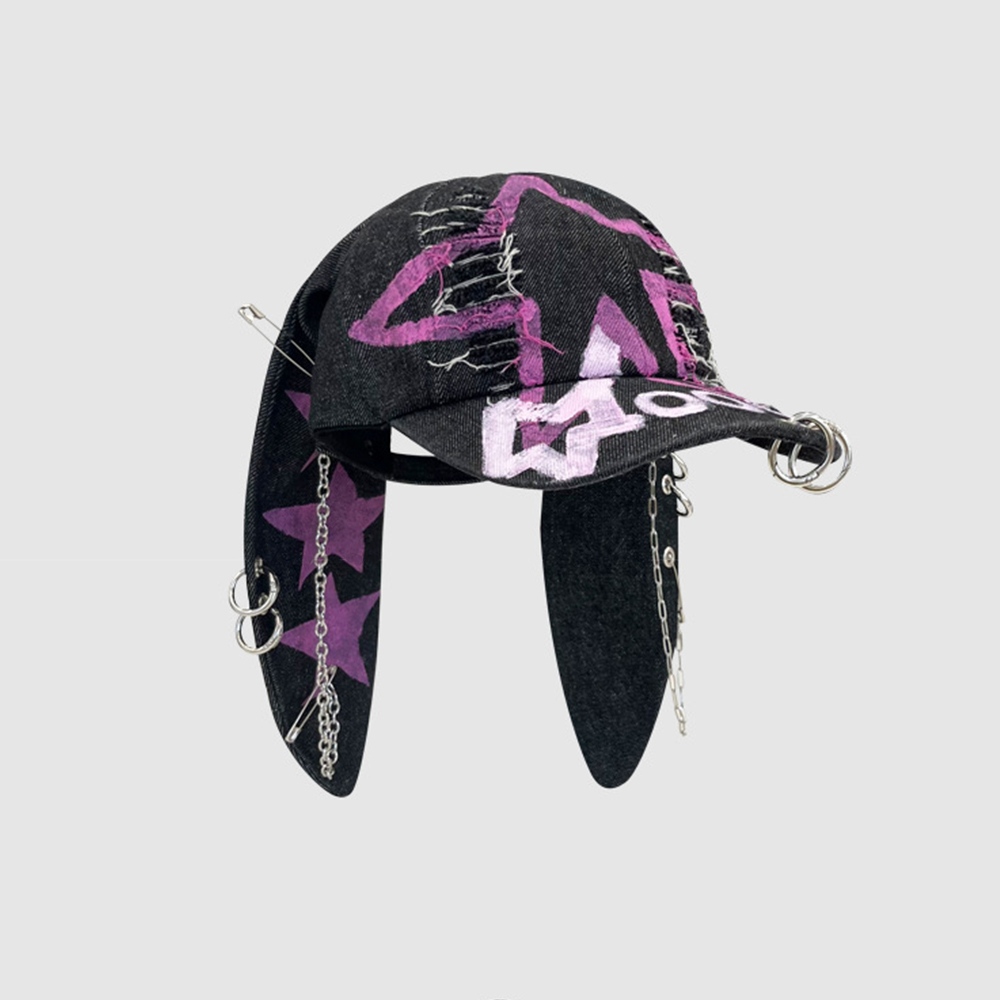Niche Y2k-Casquette de Baseball Déchirée en Denim avec Oreilles de Lapin pour Homme et Femme, Personnalité Sombre, Anneau en Métal, Tendance de la Rue, Réglable: WHITE