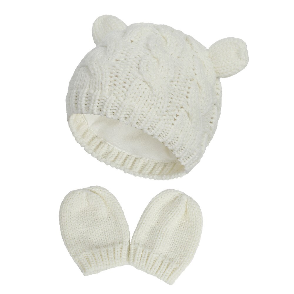 Vinter baby hüte für mädchen hut für junge herbst niedlich ohr baby gestrickte warme mütze + handschuhe kinder hüte kappe kinder: Hvid / L 6-18 måneder