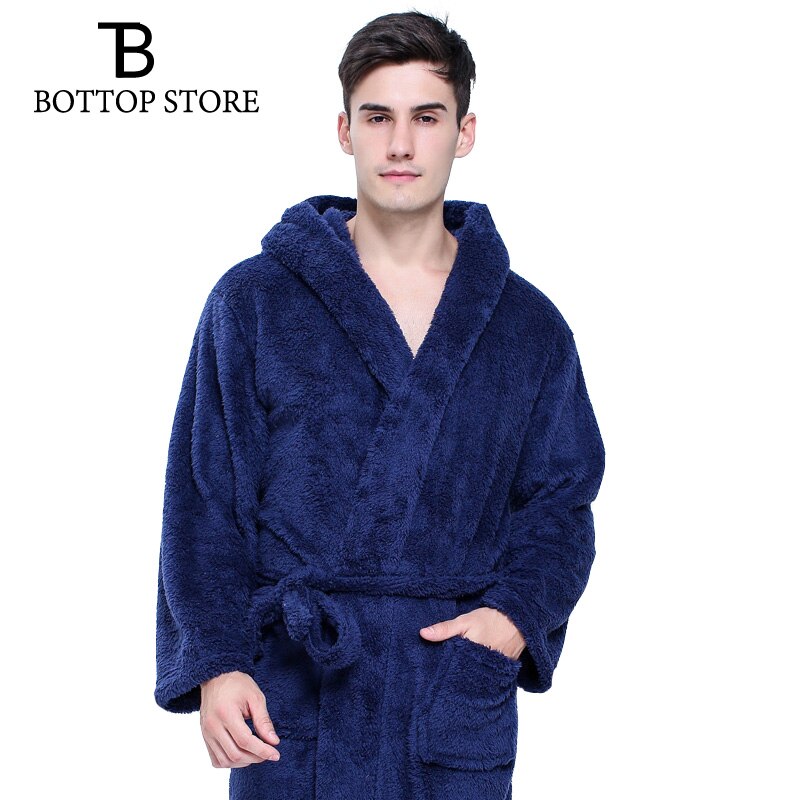 Men Coral Fleece Long Bath Robe Man Sleeping Robe Warm Bathrobe Sleepwear Male Pajamas Night Dressing Gown Pyjamas XXL: Blue / XXL