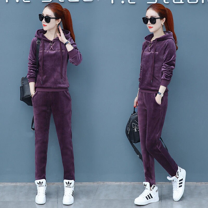 Matching Sets Autumn Plus Size Casual Loose Velvet Tracksuits 2 Pieces Set Women High Elastic Hooded Sweatshirts And Harem Pants: purple gray / XL