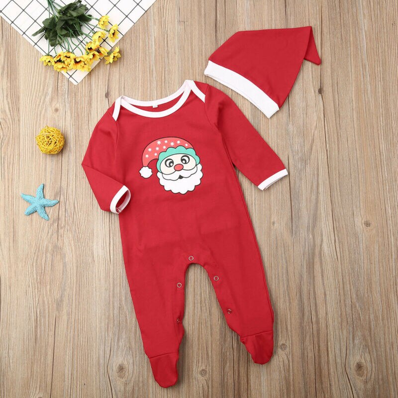 Baby Baby Meisje Jongen Kerst Kerstman Footies met Xmas Hoed Rood Pasgeboren Kinderen Katoenen Kleding 2 stuks Set