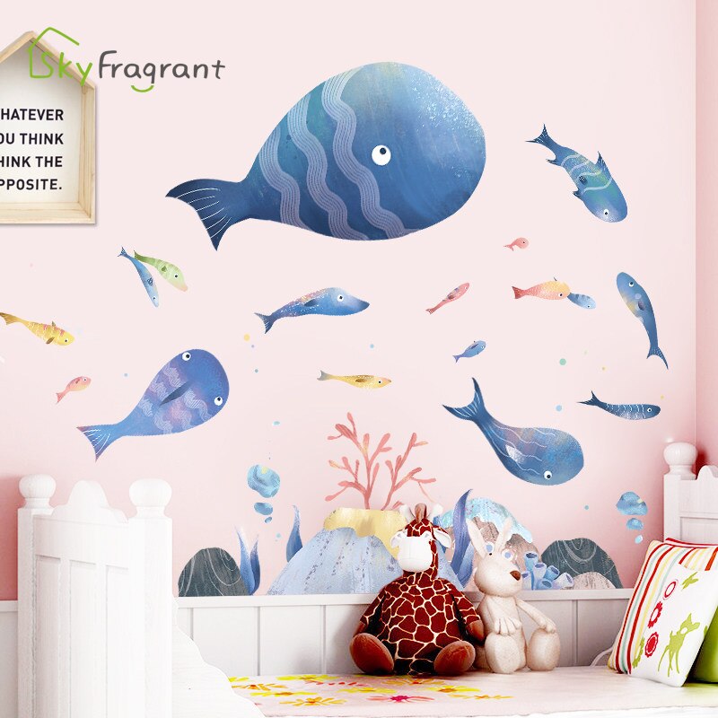 Cartoon underwater world wall sticker ocean cute fish kids room decoration stickers bathroom self-adhesive home bedroom decor