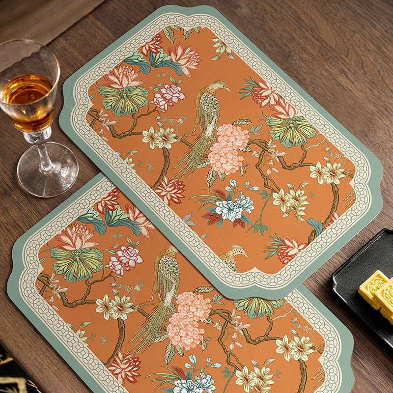 Heat Resistant Table Mats Set of 2, Hydrangea Faux Placemats, Floral Bird, Chinese Style, Digital Printing for Party Family