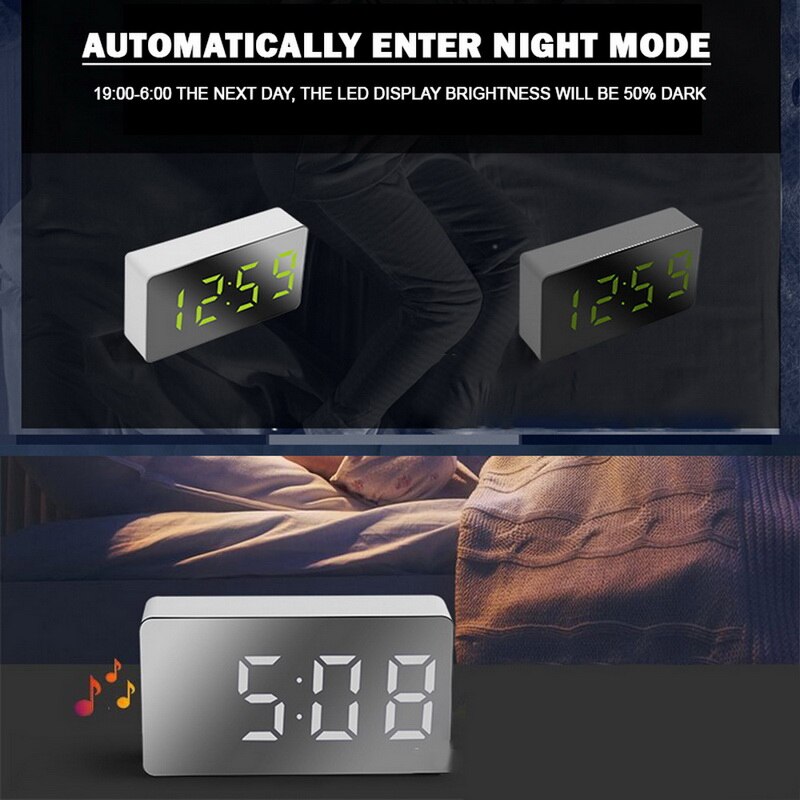 Alarm Clock Mini Desk Alarm Clock Digital Mirror LED Big Display Bedroom Timer Home Electronic Table Clock USB For Home/Car