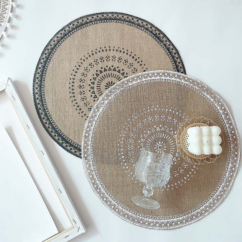 Prachtige Geweven Jute Katoen Tafel Mat Bohemian Stijl Afdrukken Placemat Ronde Voedsel Pad Dining Servies Coaster Keuken Decor